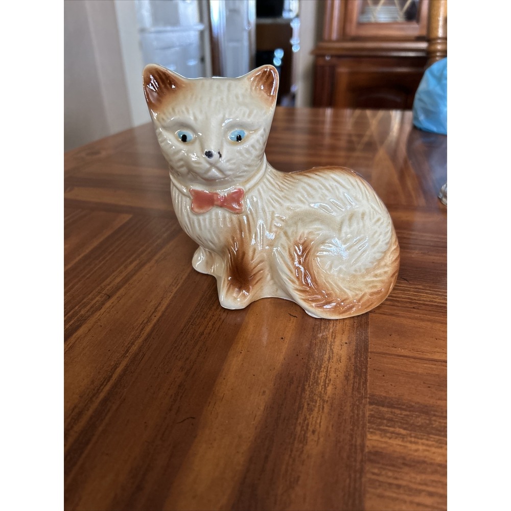 made in brazil Glazed Pottery Ceramic Brown Beige Cat Kitten Kitty